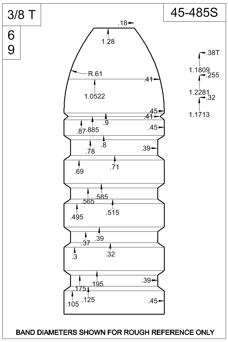 Dimensioned view of bullet 45-485S