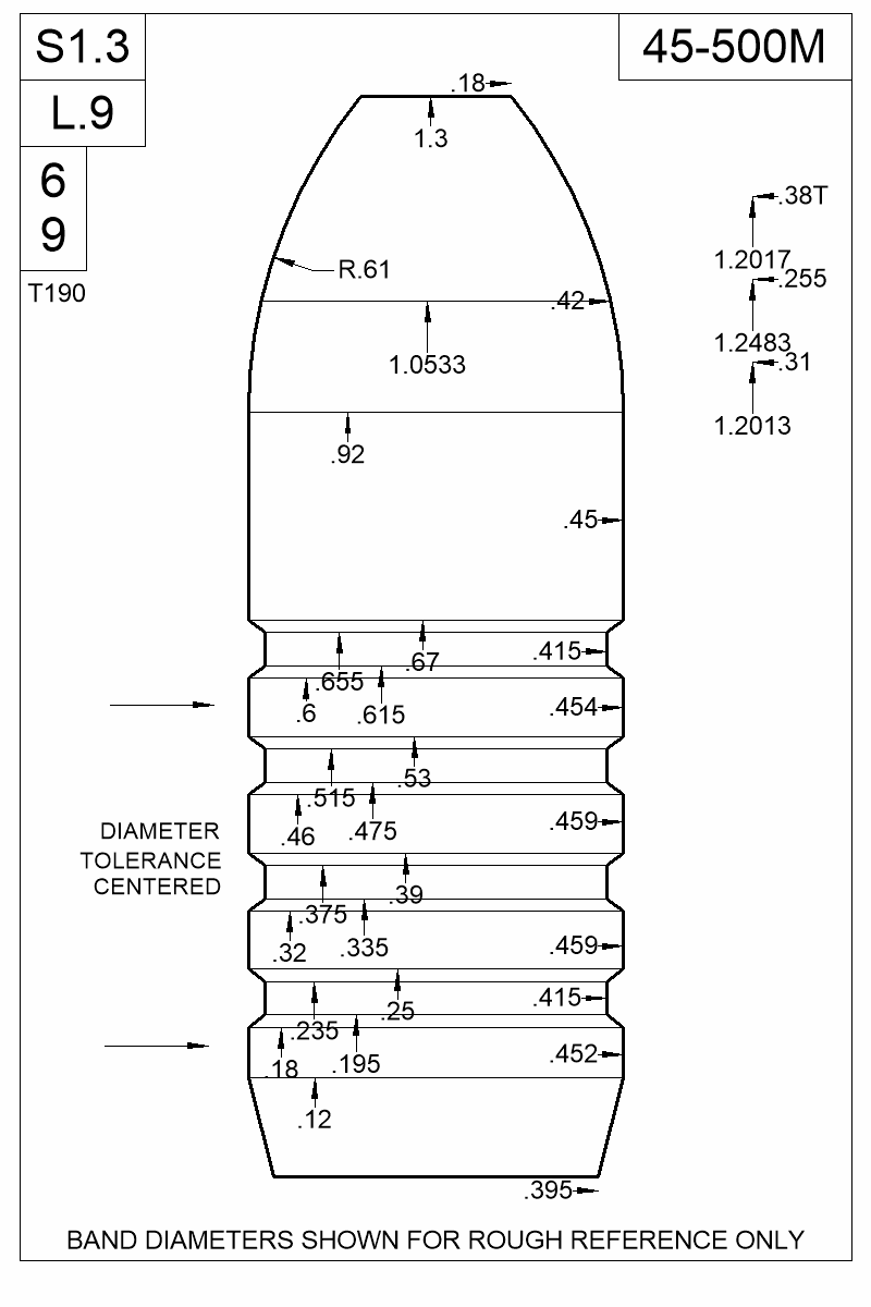Dimensioned view of bullet 45-500M