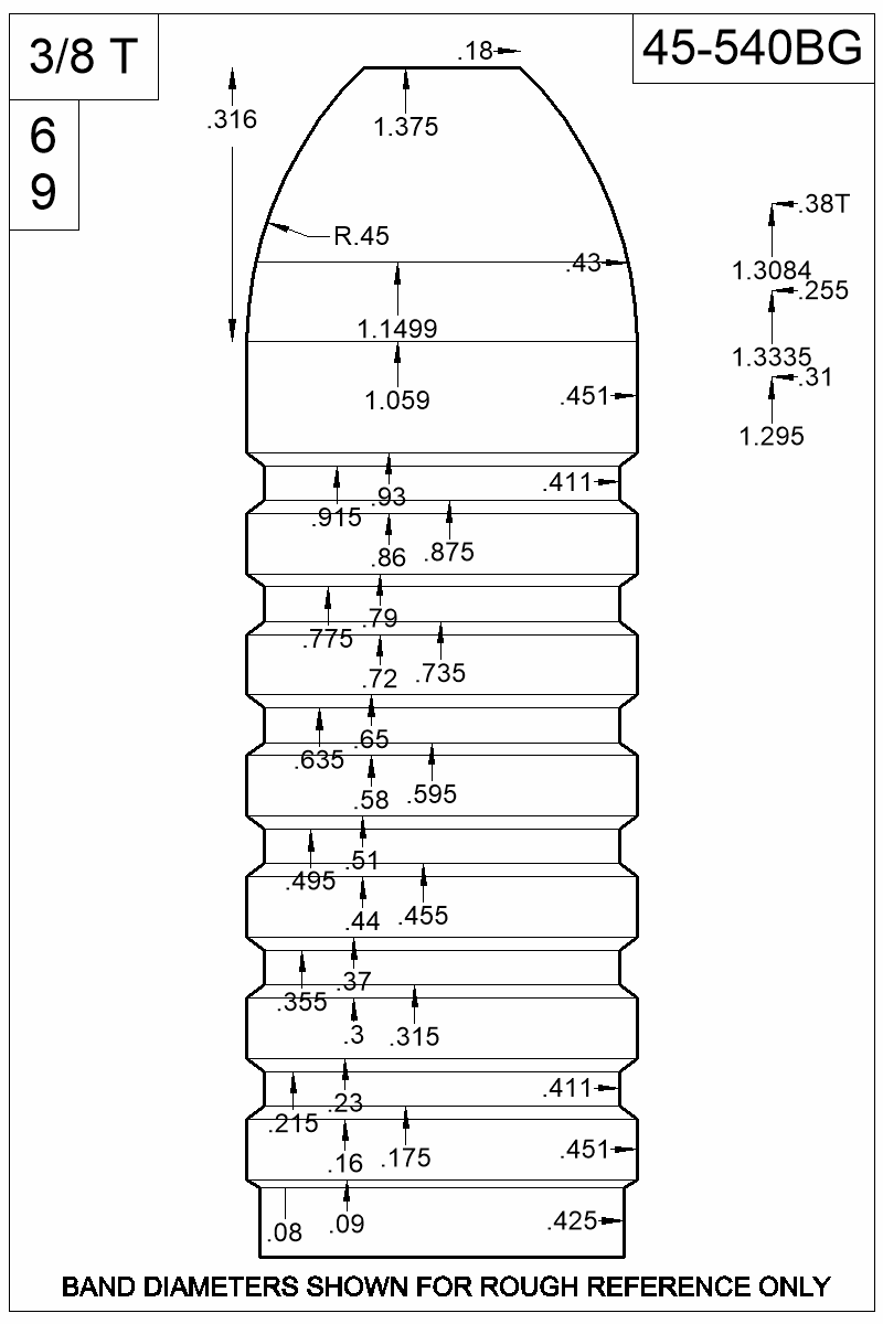 Dimensioned view of bullet 45-540BG