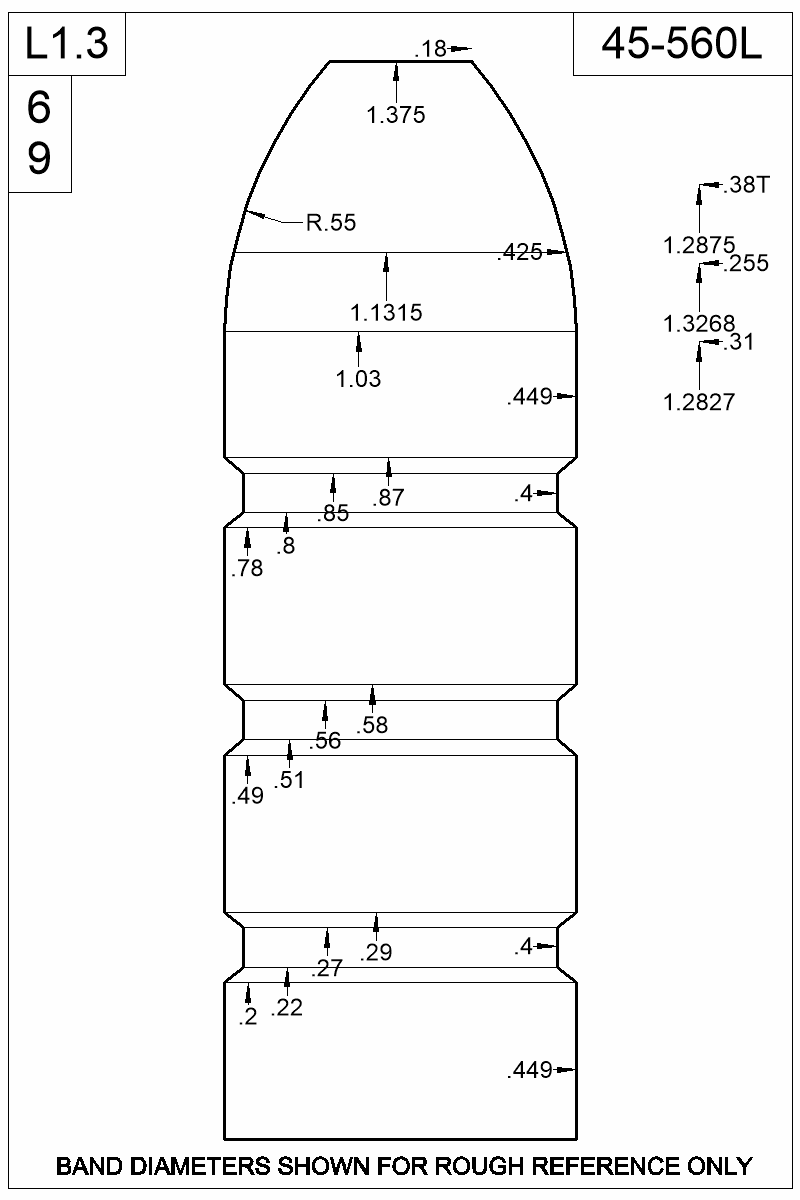 Dimensioned view of bullet 45-560L