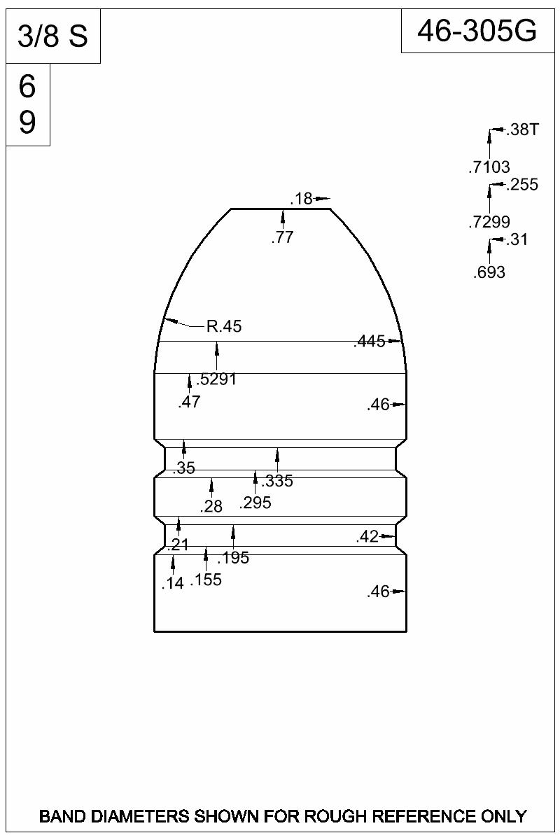 Dimensioned view of bullet 46-305G