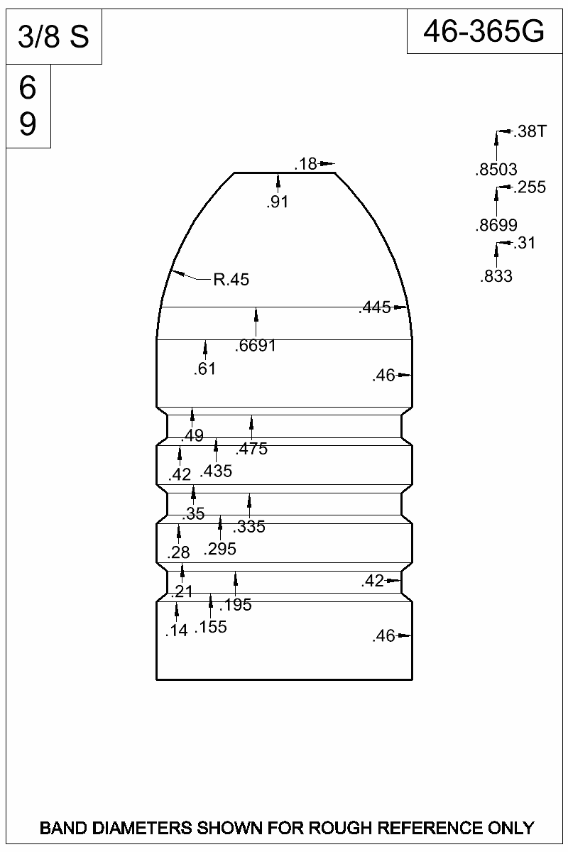 Dimensioned view of bullet 46-365G