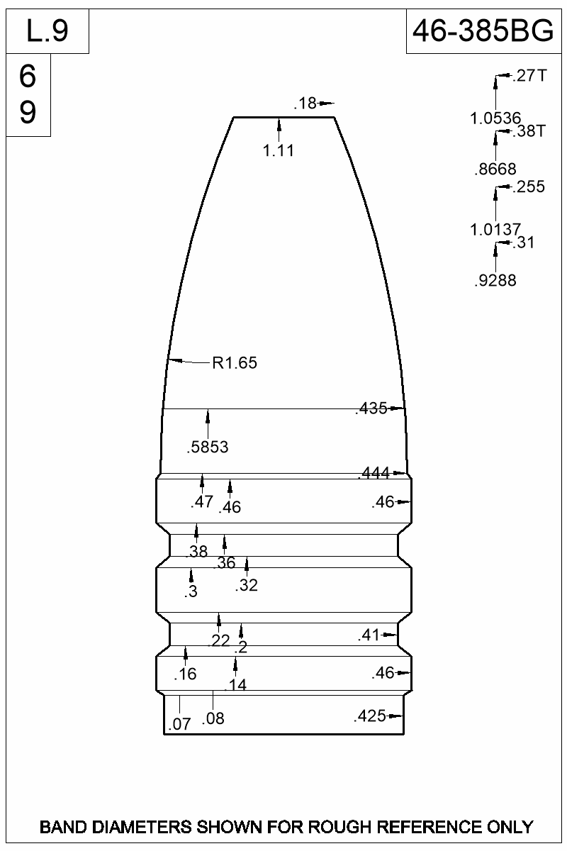Dimensioned view of bullet 46-385BG