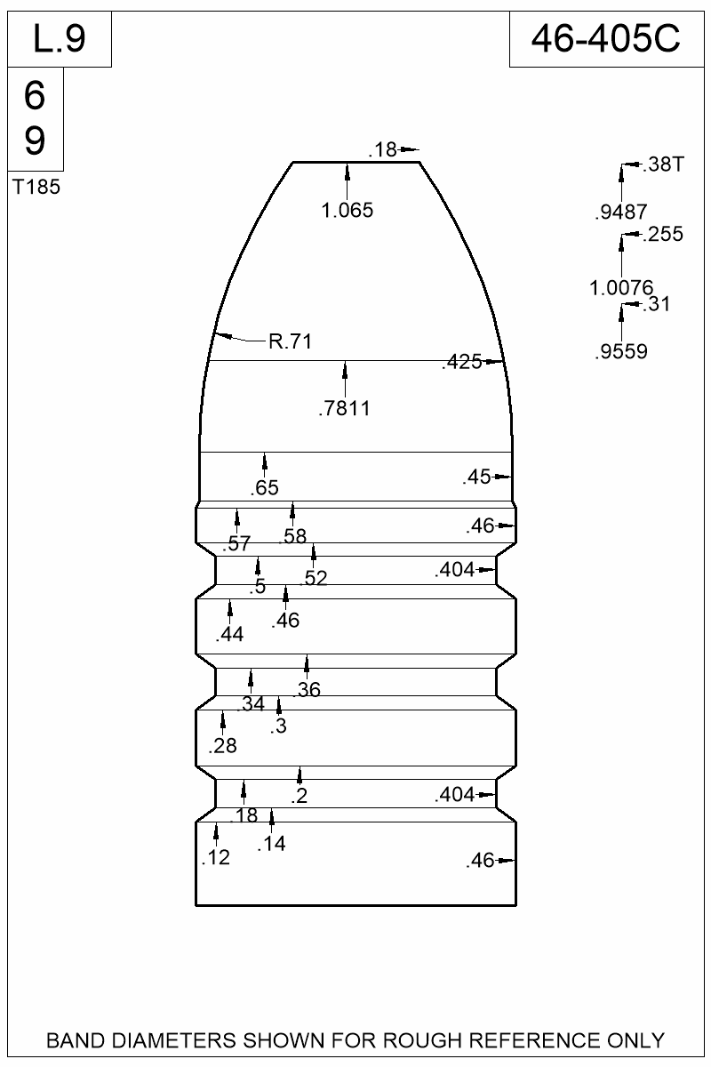 Dimensioned view of bullet 46-405C