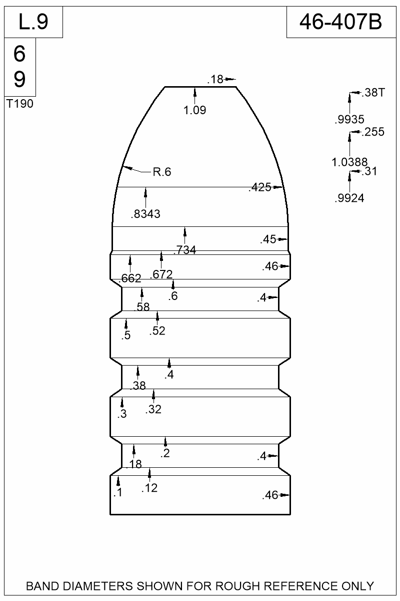 Dimensioned view of bullet 46-407B