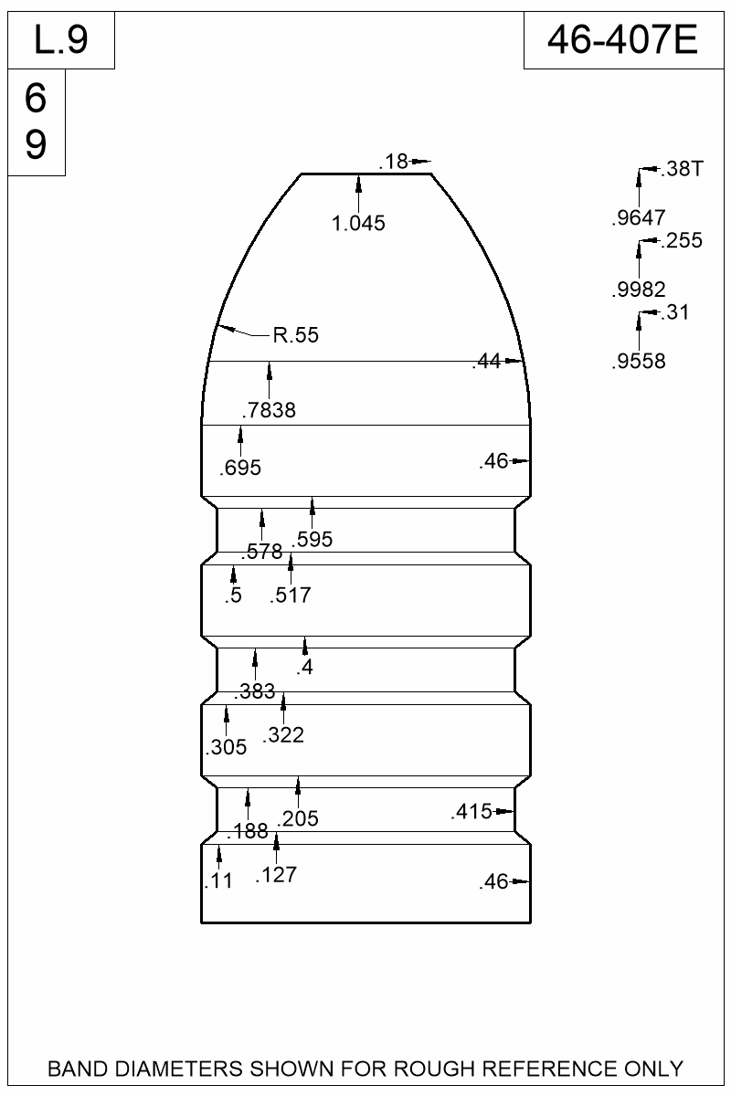 Dimensioned view of bullet 46-407E