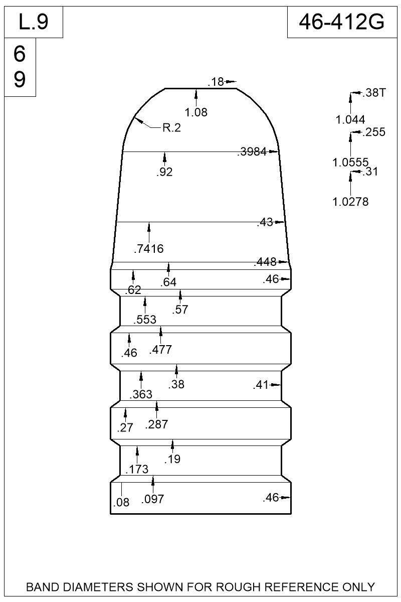 Dimensioned view of bullet 46-412G