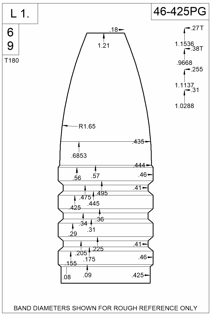 Dimensioned view of bullet 46-425PG