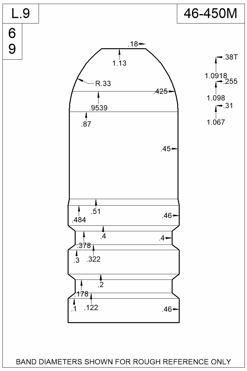 Dimensioned view of bullet 46-450M