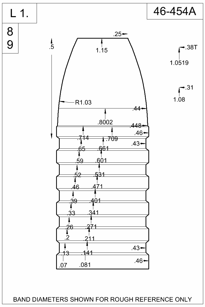 Dimensioned view of bullet 46-454A