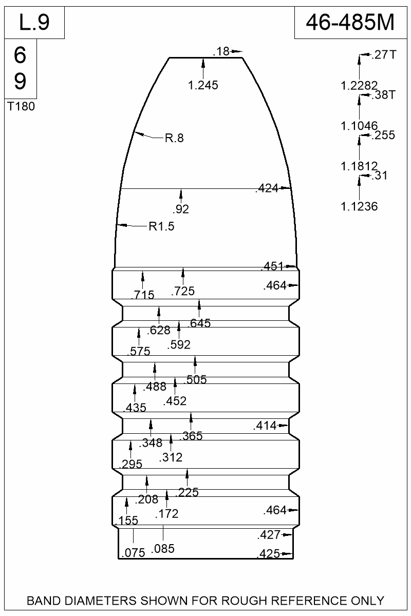 Dimensioned view of bullet 46-485M