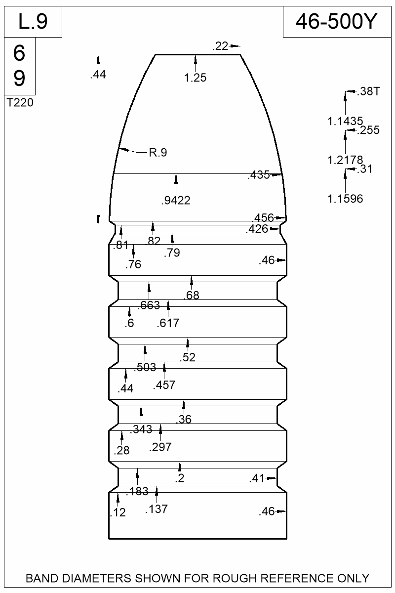 Dimensioned view of bullet 46-500Y