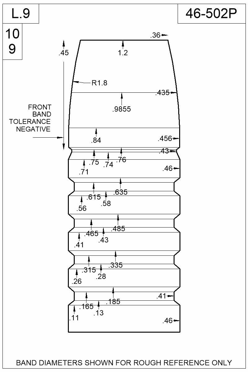 Dimensioned view of bullet 46-502P