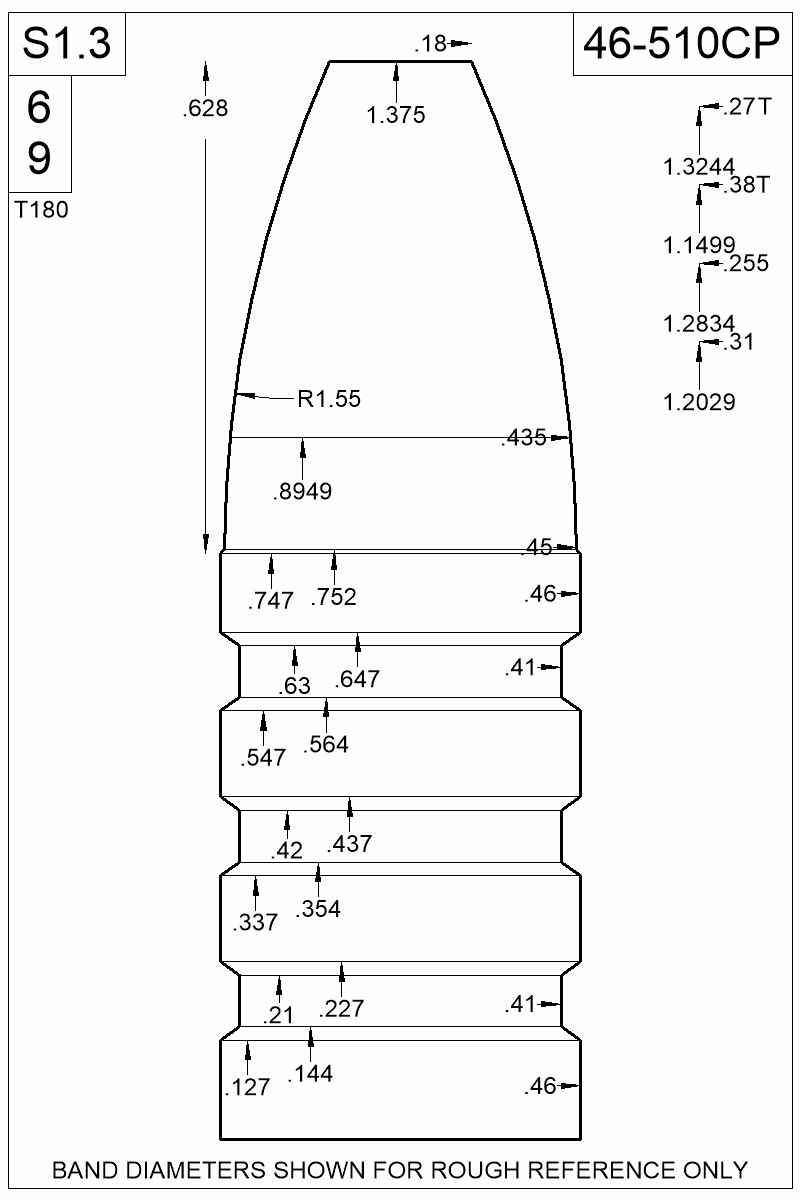 Dimensioned view of bullet 46-510CP