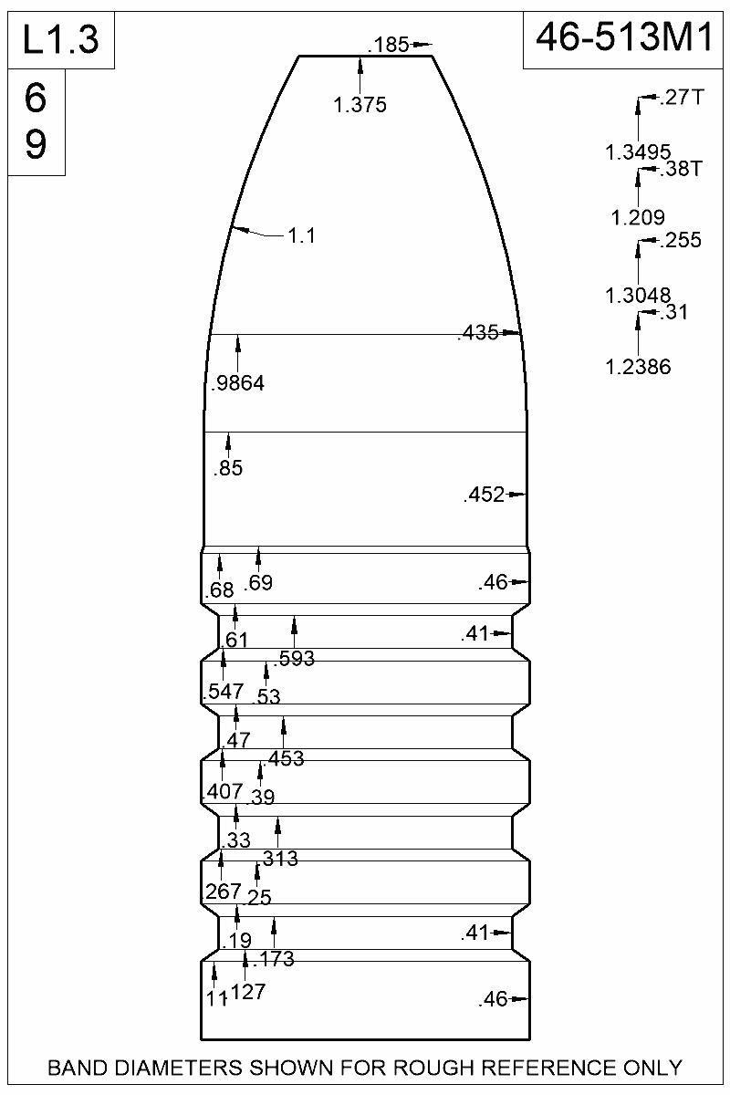 Dimensioned view of bullet 46-513M1
