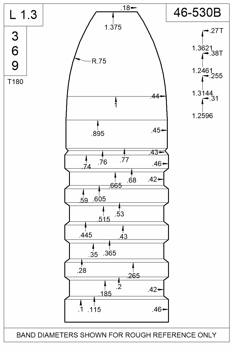 Dimensioned view of bullet 46-530B