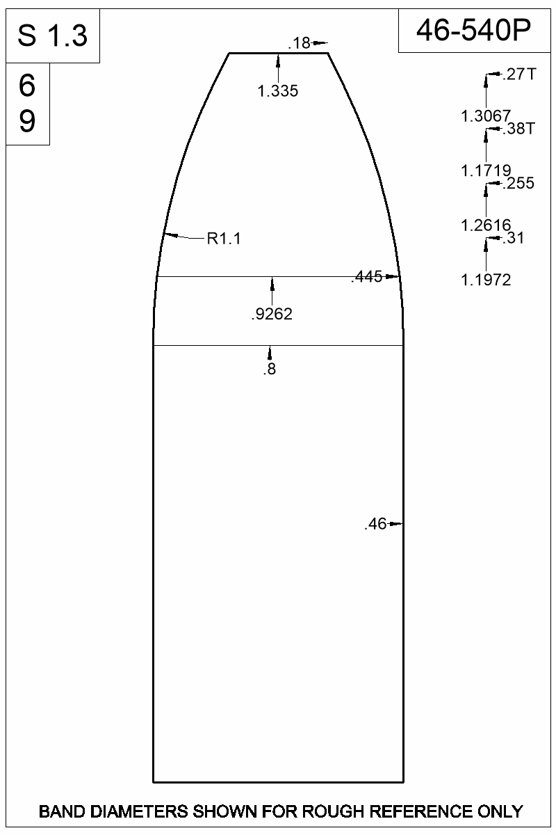 Dimensioned view of bullet 46-540P