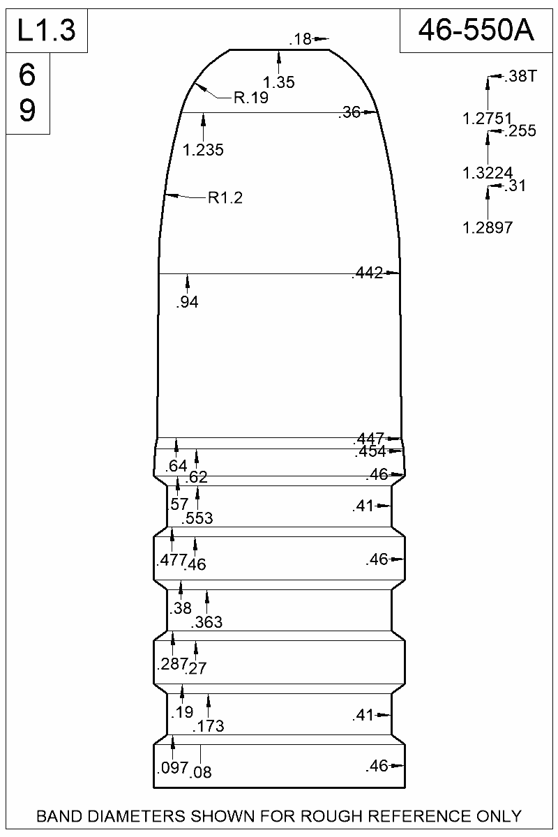Dimensioned view of bullet 46-550A