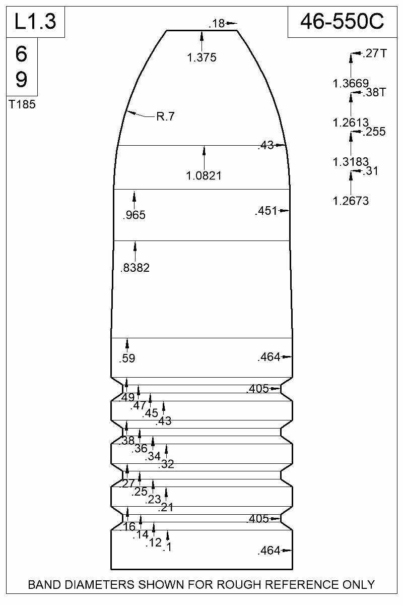 Accurate Molds catalog #46-550C Dimensioned view of bullet 46-550C