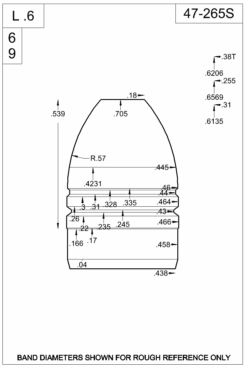 Dimensioned view of bullet 47-265S
