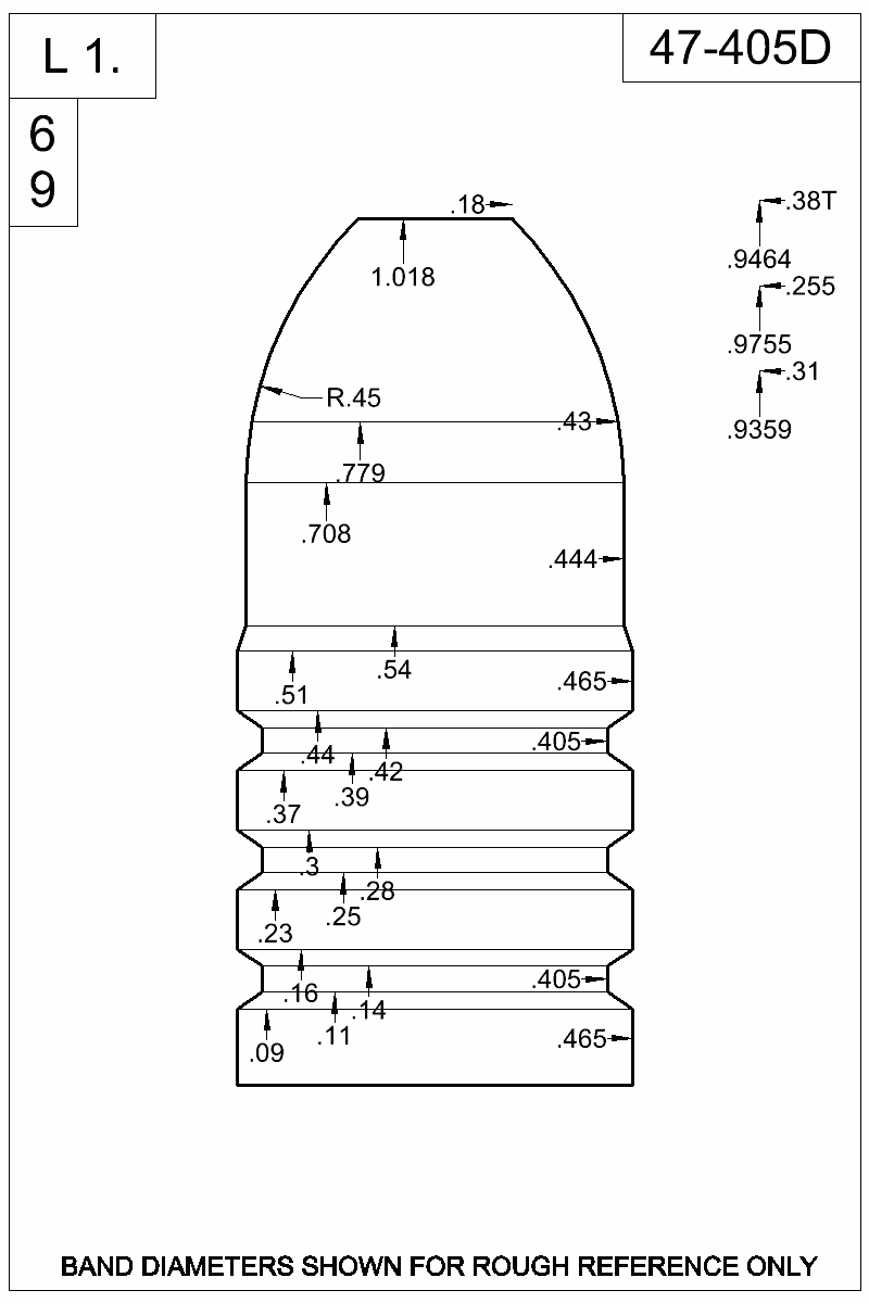 Dimensioned view of bullet 47-405D