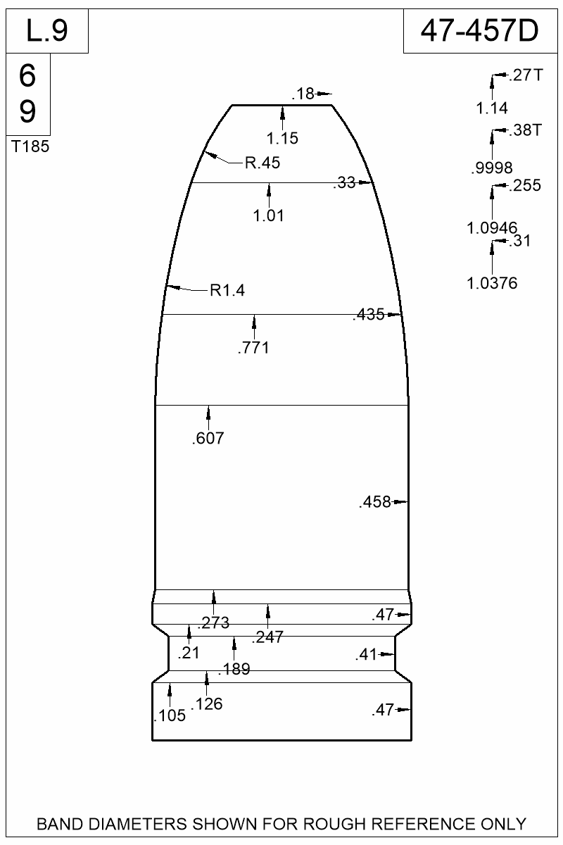 Dimensioned view of bullet 47-457D
