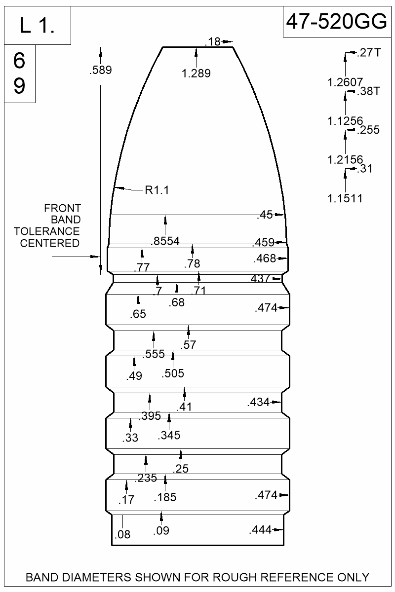Dimensioned view of bullet 47-520GG
