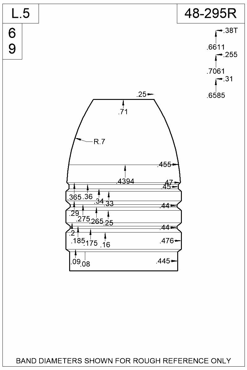 Accurate Molds catalog #48-295R Dimensioned view of bullet 48-295R