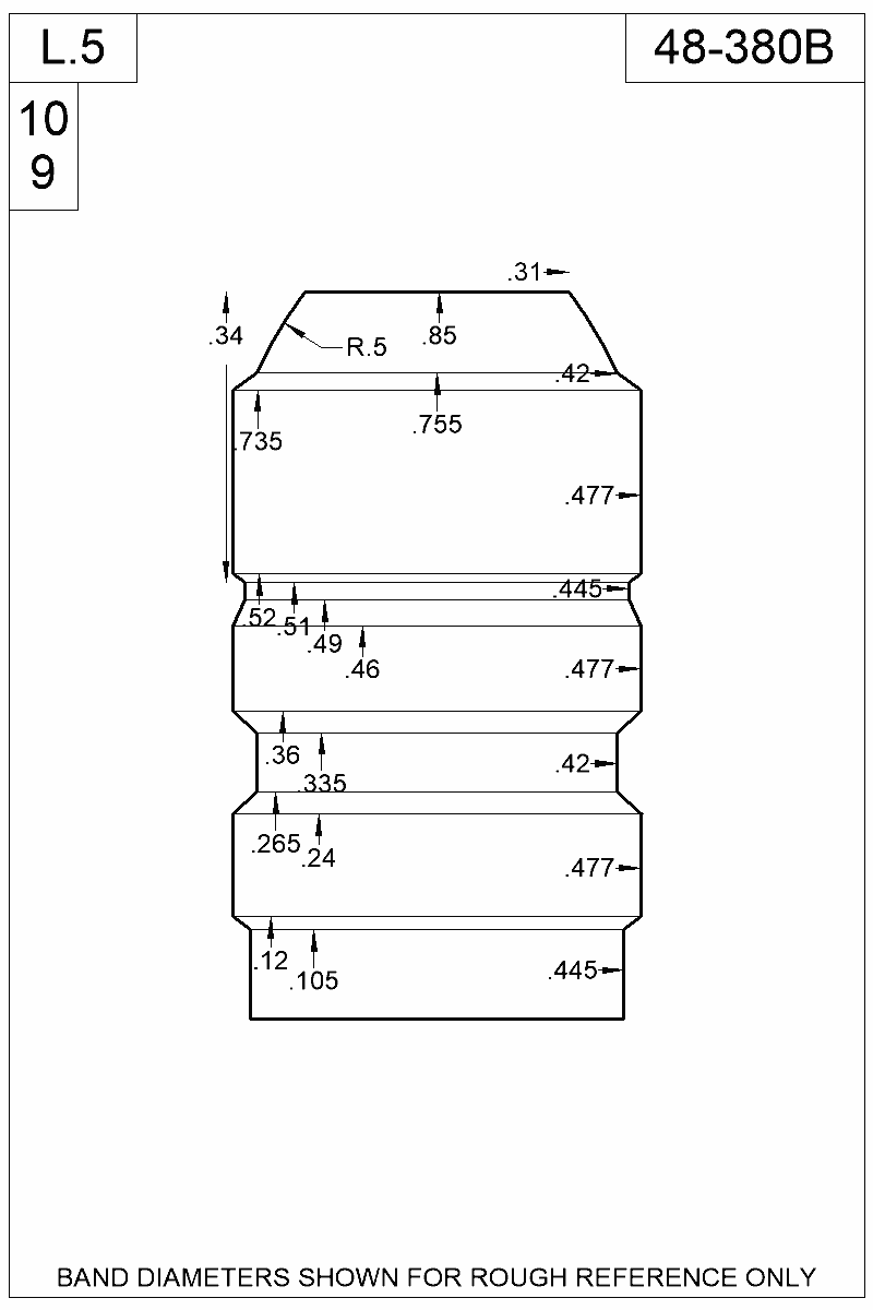 Accurate Molds catalog #48-380B Dimensioned view of bullet 48-380B