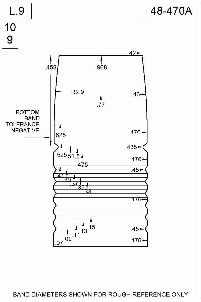 Accurate Molds catalog #48-470A Dimensioned view of bullet 48-470A
