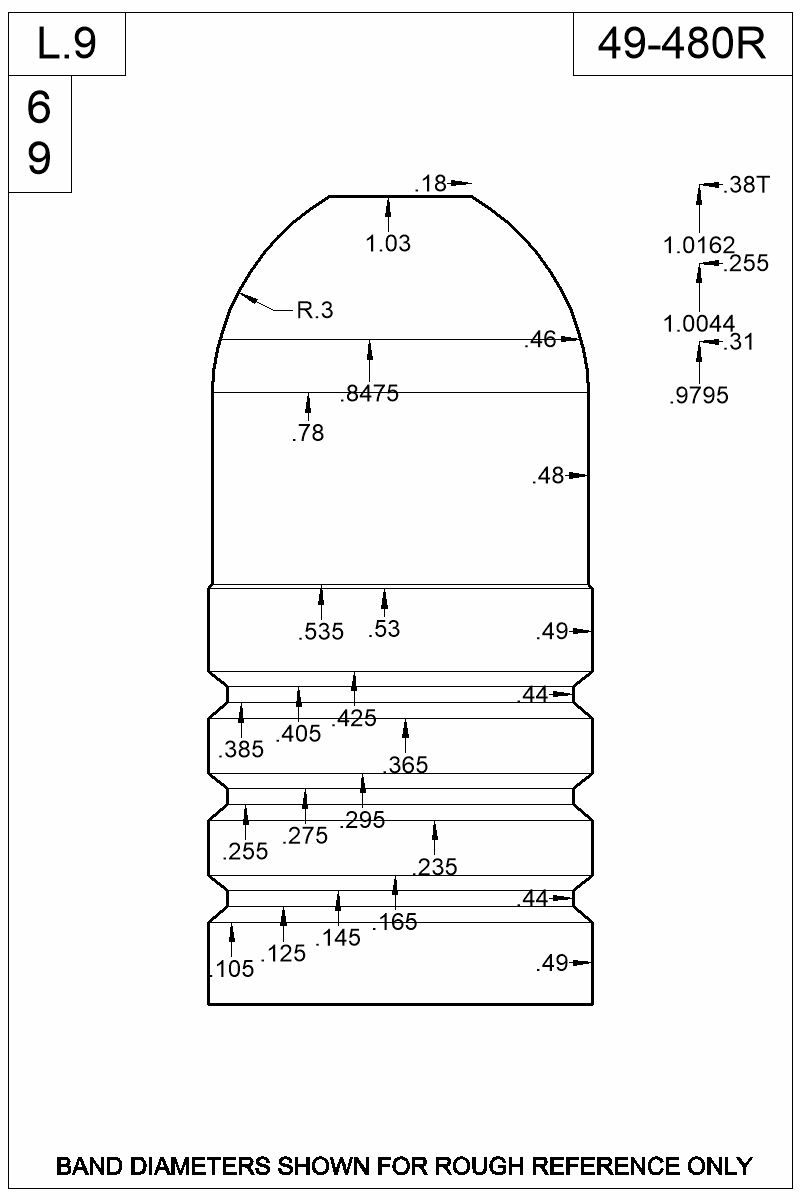 Dimensioned view of bullet 49-480R