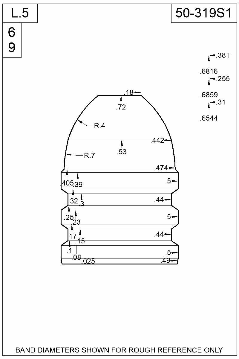 Dimensioned view of bullet 50-319S1
