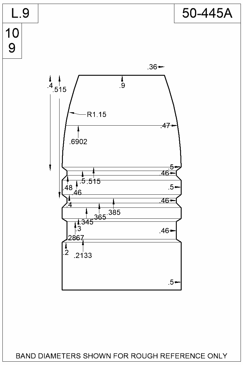 Dimensioned view of bullet 50-445A