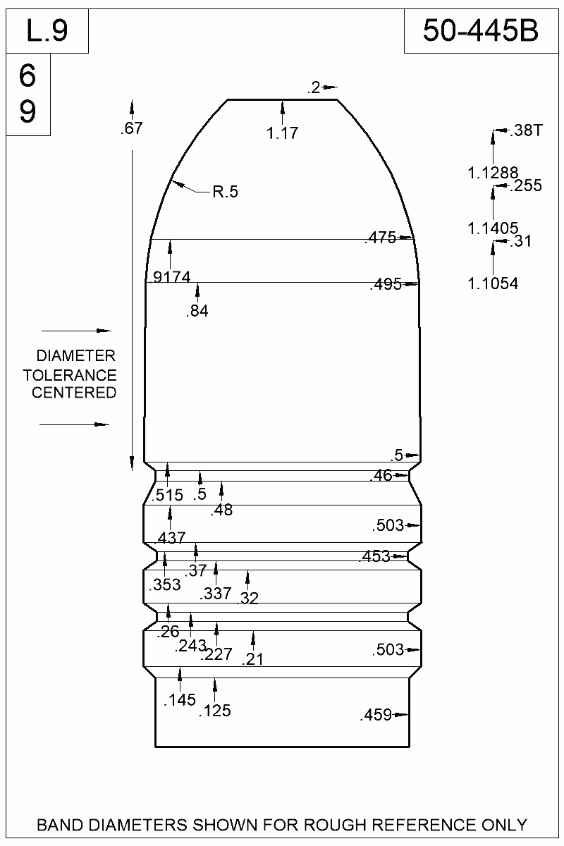 Dimensioned view of bullet 50-445B