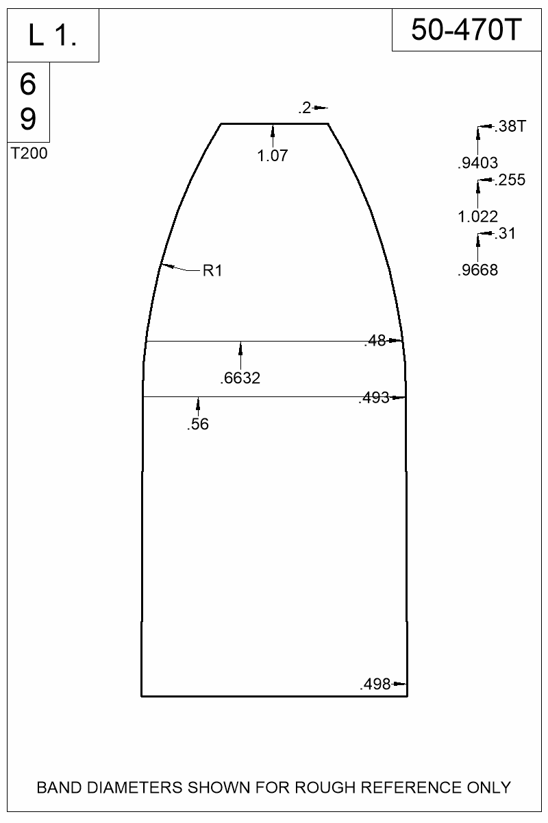 Dimensioned view of bullet 50-470T