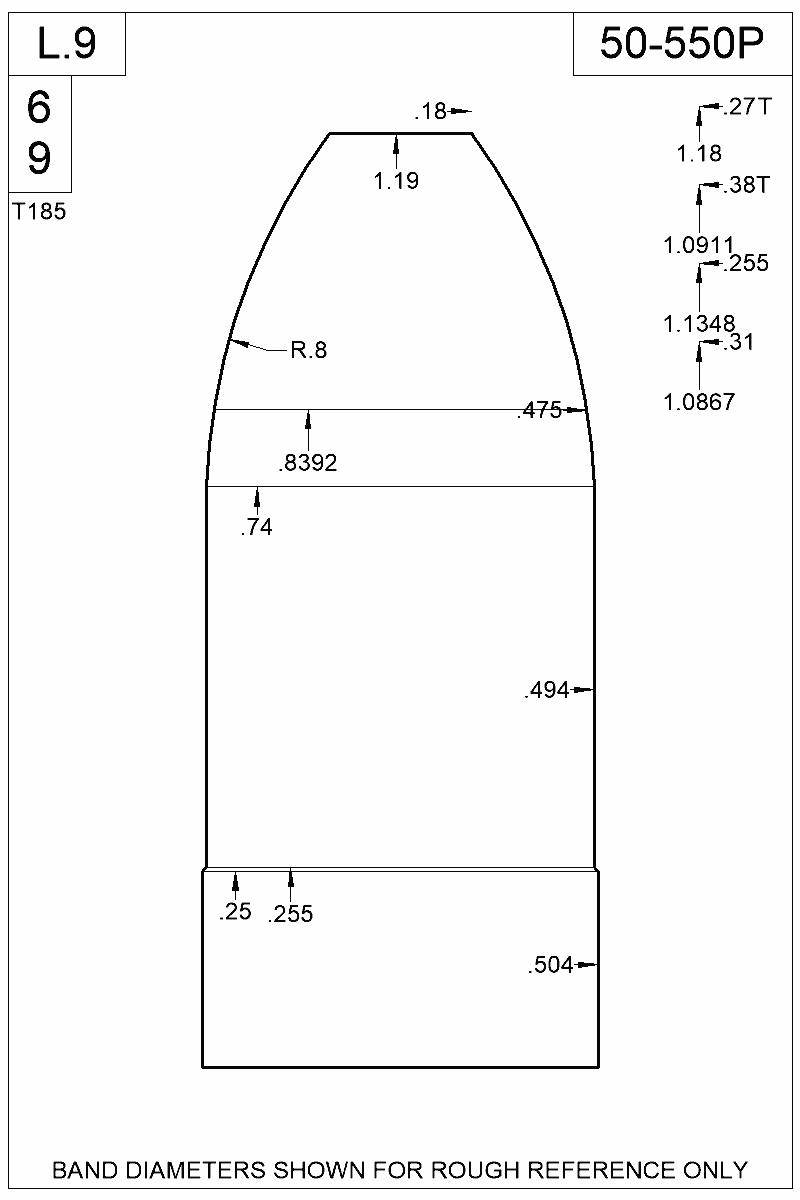 Dimensioned view of bullet 50-550P