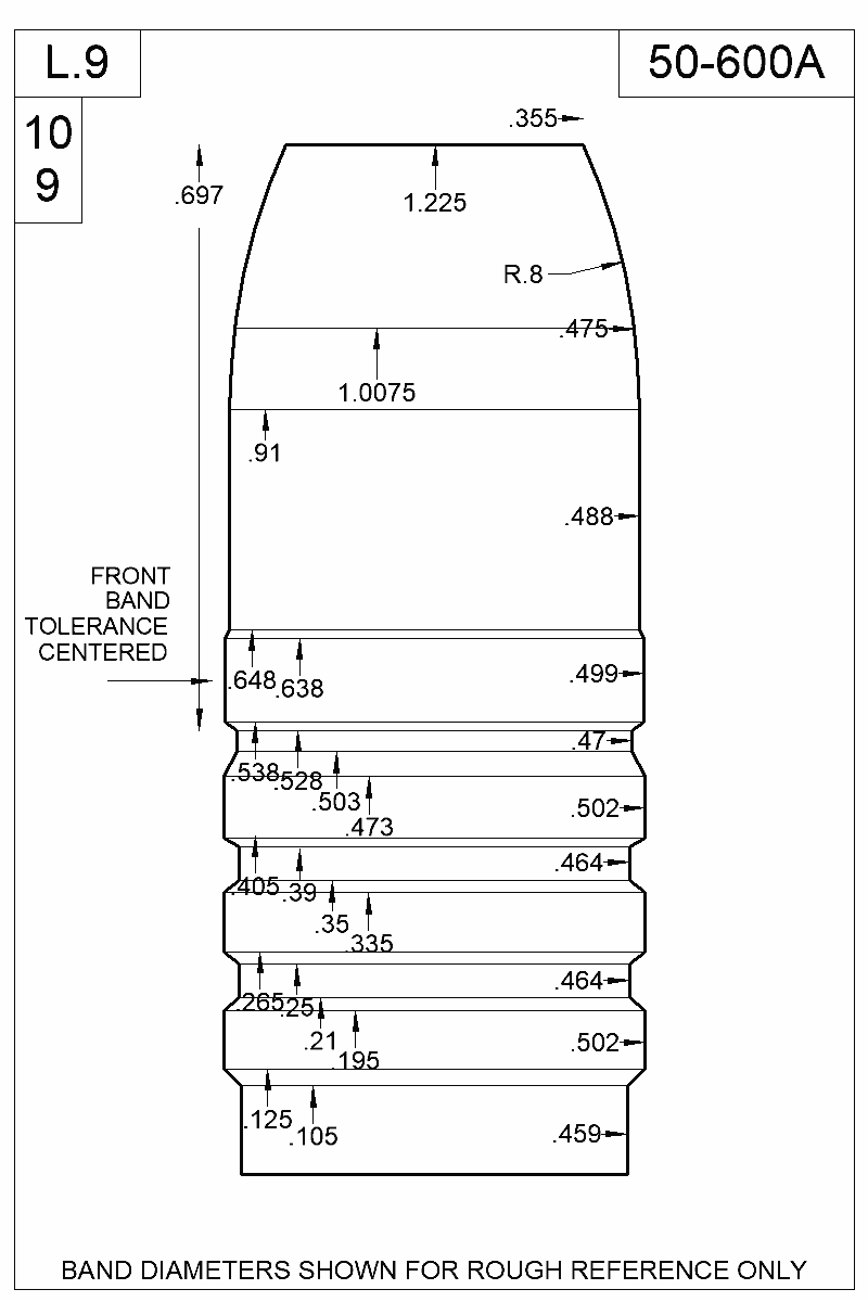Dimensioned view of bullet 50-600A