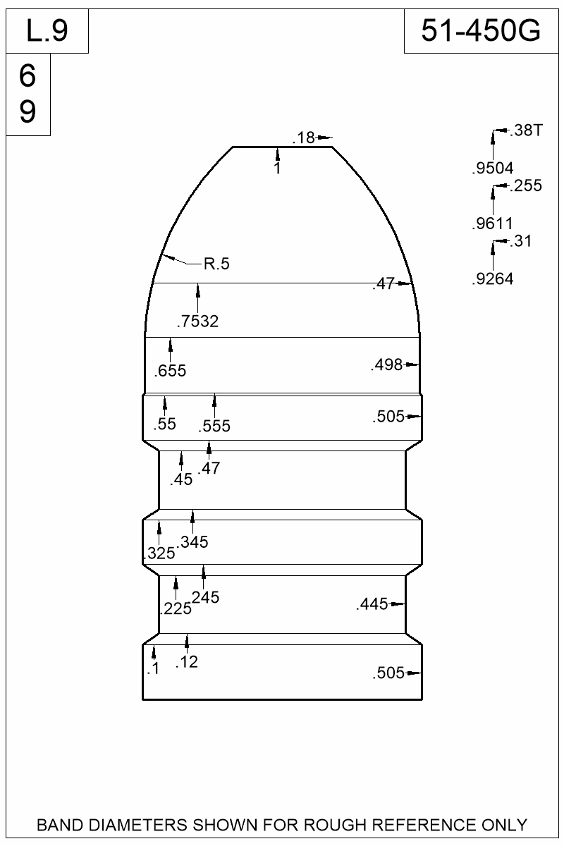 Dimensioned view of bullet 51-450G