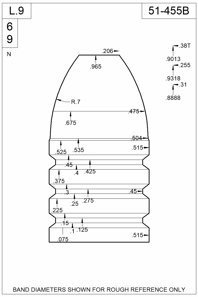 Dimensioned view of bullet 51-455B