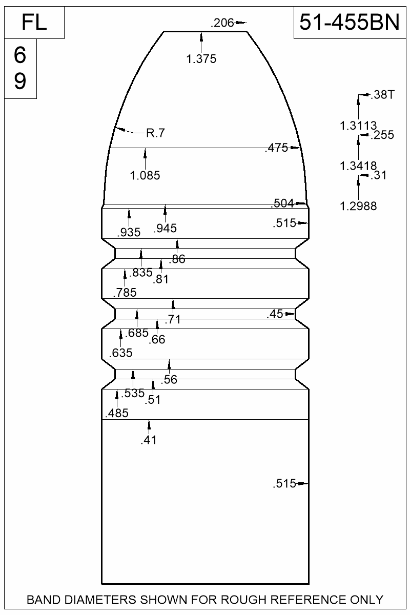 Dimensioned view of bullet 51-455BN