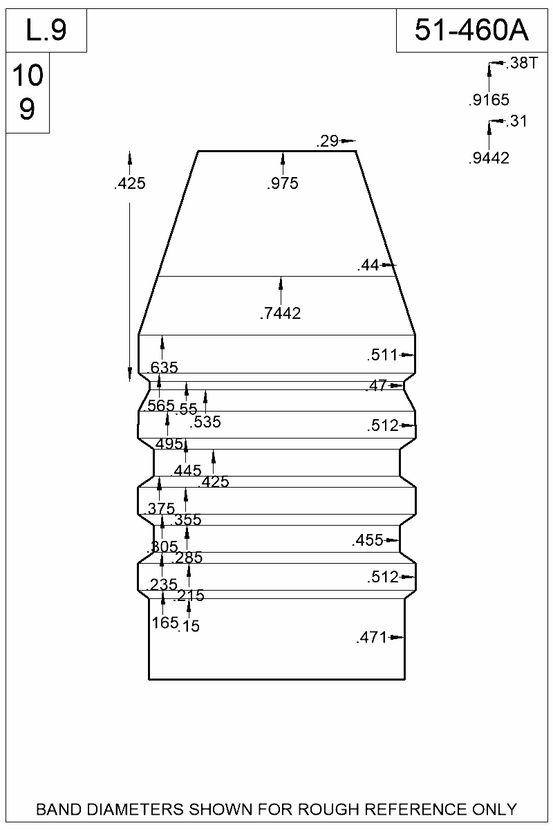 Dimensioned view of bullet 51-460A