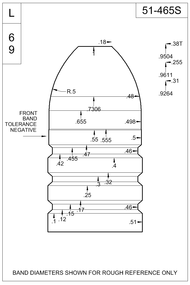 Dimensioned view of bullet 51-465S