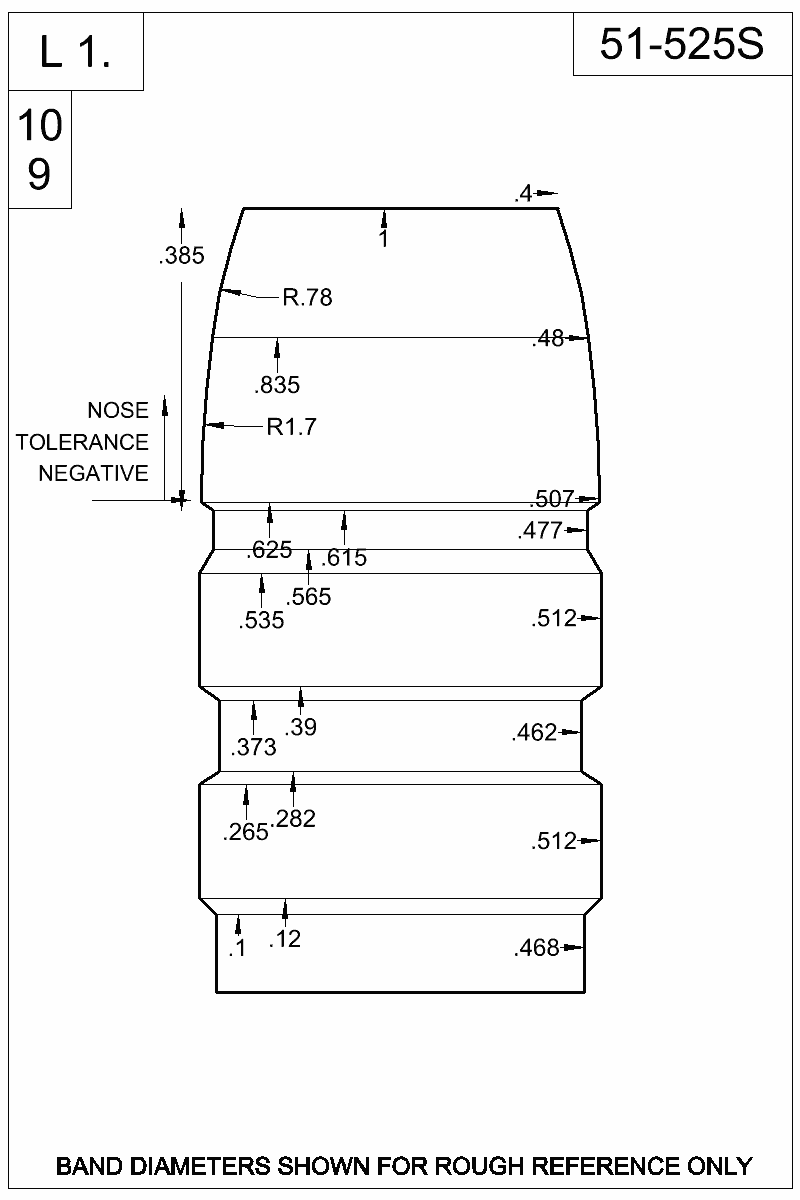 Dimensioned view of bullet 51-525S
