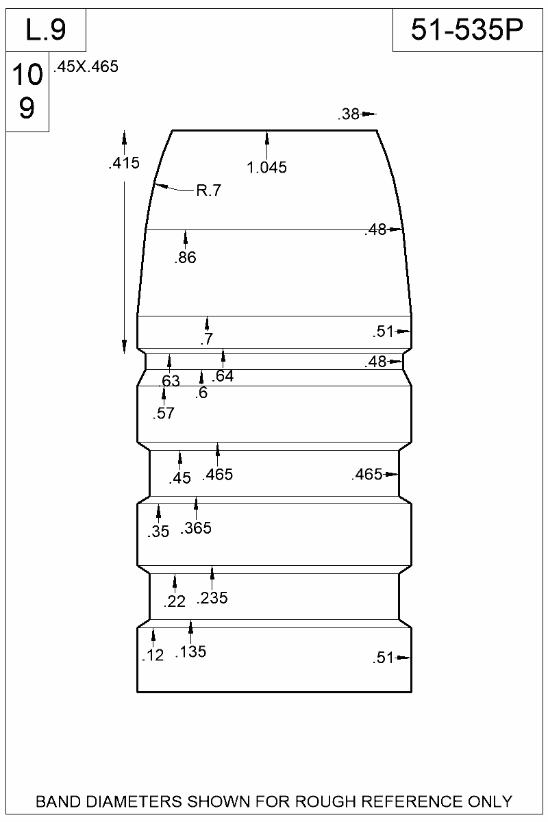 Dimensioned view of bullet 51-535P