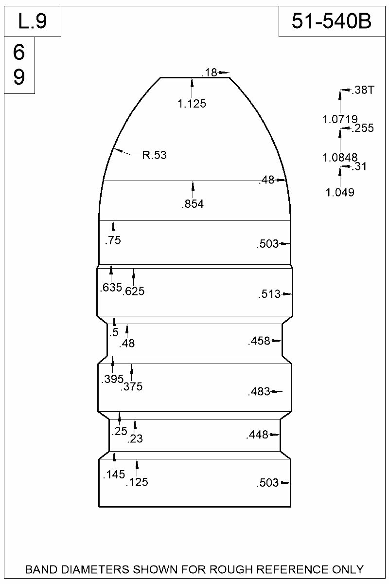 Dimensioned view of bullet 51-540B