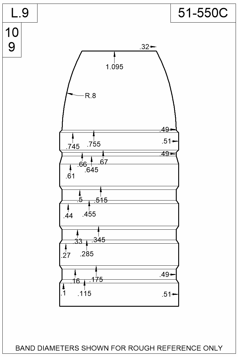 Dimensioned view of bullet 51-550C