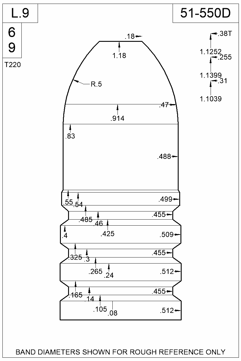 Dimensioned view of bullet 51-550D