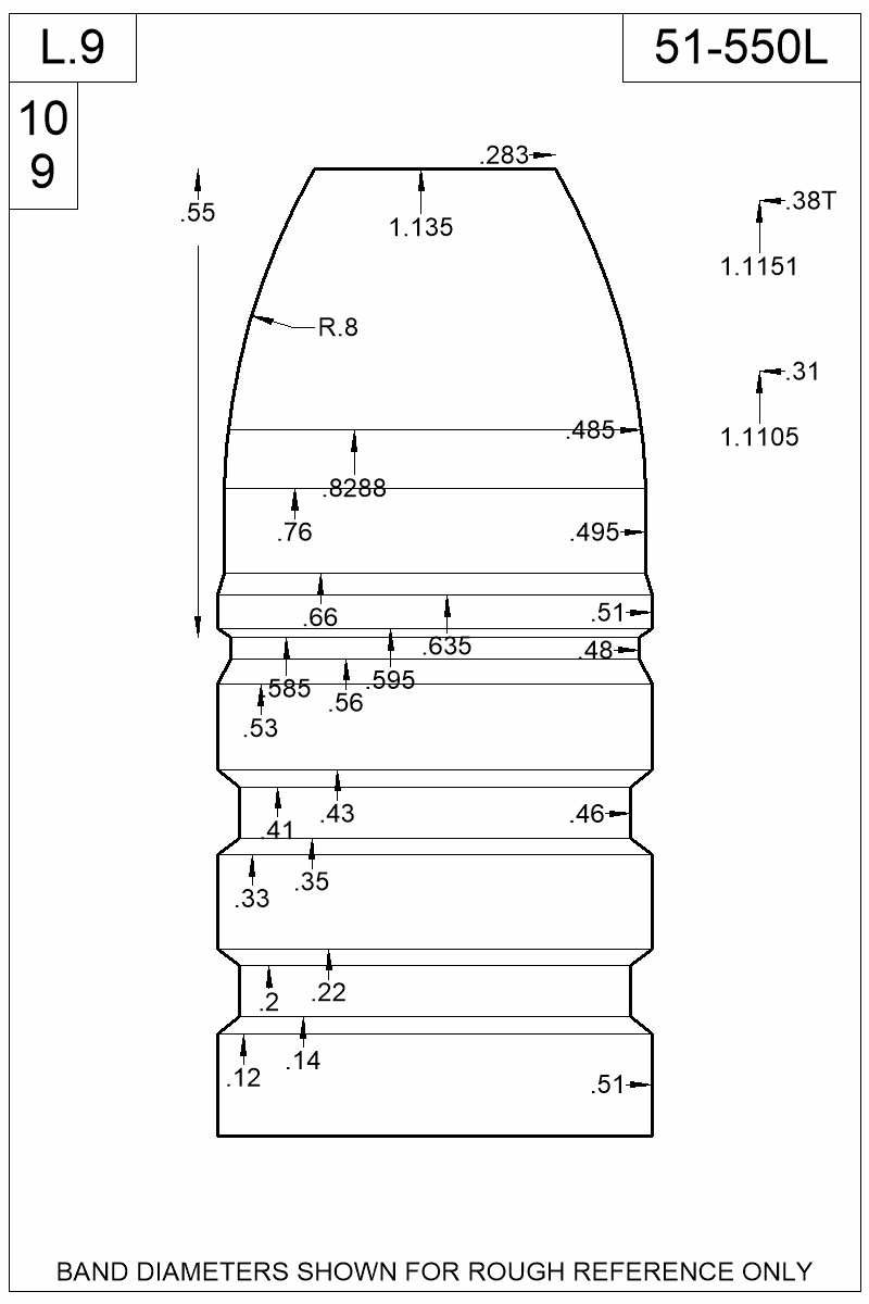 Dimensioned view of bullet 51-550L