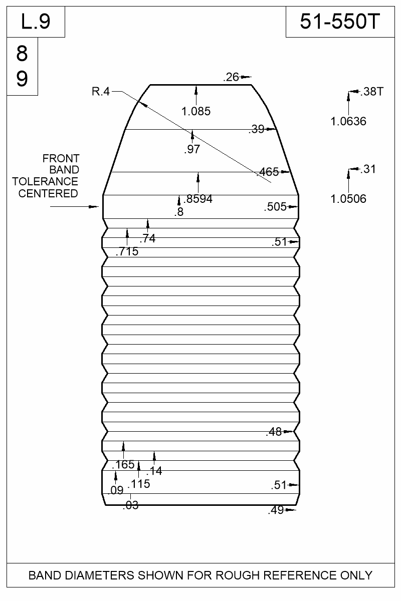 Dimensioned view of bullet 51-550T
