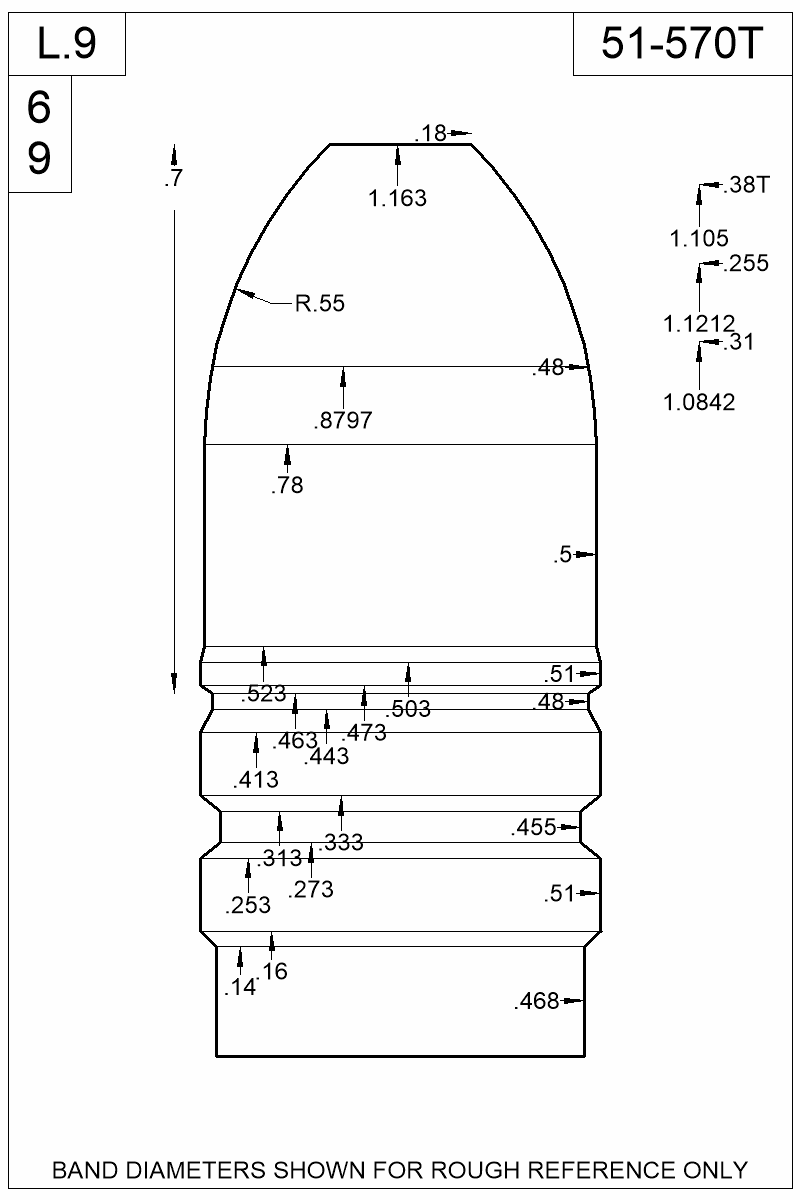 Dimensioned view of bullet 51-570T